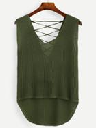 Romwe Olive Green Lace Up High Low Knit Tank Top