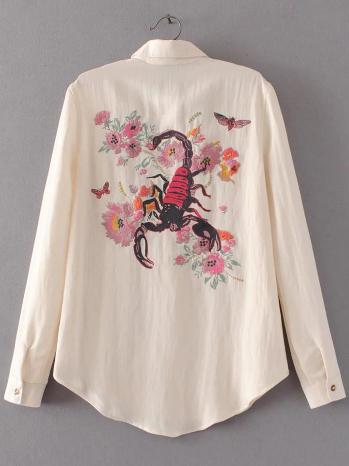 Romwe Beige Scorpion Embroidery Curved Hem Blouse With Pocket