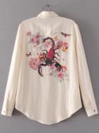 Romwe Beige Scorpion Embroidery Curved Hem Blouse With Pocket