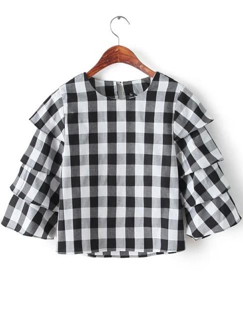 Romwe Black Round Neck Cake Sleeve Plaid Blouse