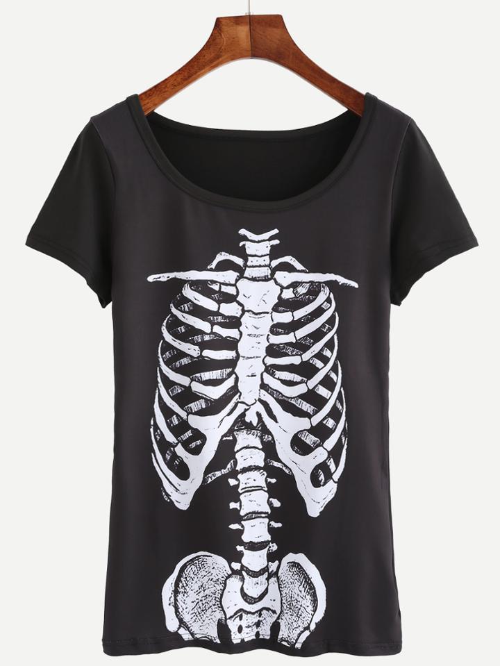 Romwe Black Skull Print T-shirt