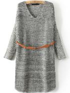 Romwe V Neck Long Sleeve Belt Pale Grey Sweater Dress