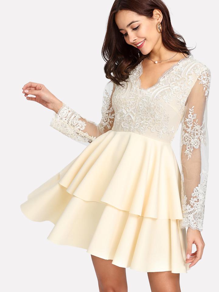 Romwe Embroidery Mesh Bodice Tiered Hem Dress
