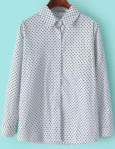 Romwe Lapel Polka Dot Loose White Blouse