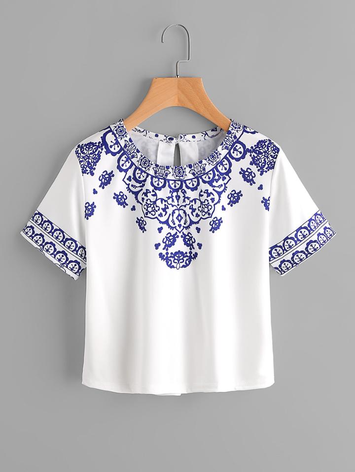Romwe Porcelain Print Keyhole Back Tee