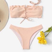 Romwe Lettuce Trim Lace-up Bikini Set