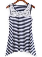 Romwe Lace Striped Blue And White Tank Top
