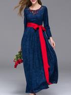 Romwe Navy Round Neck Long Sleeve Hollow Beading Tie-waist Dress