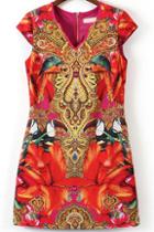 Romwe Red V Neck Cap Sleeve Totem Print Dress