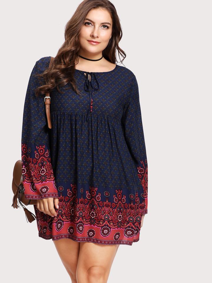 Romwe Tie Neck Ornate Print Dress