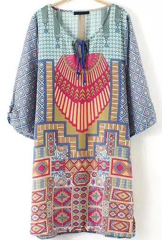 Romwe Round Neck Vintage Print Blue Dress