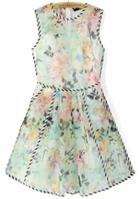 Romwe Green Sleeveless Contrast Trims Floral Flare Dress