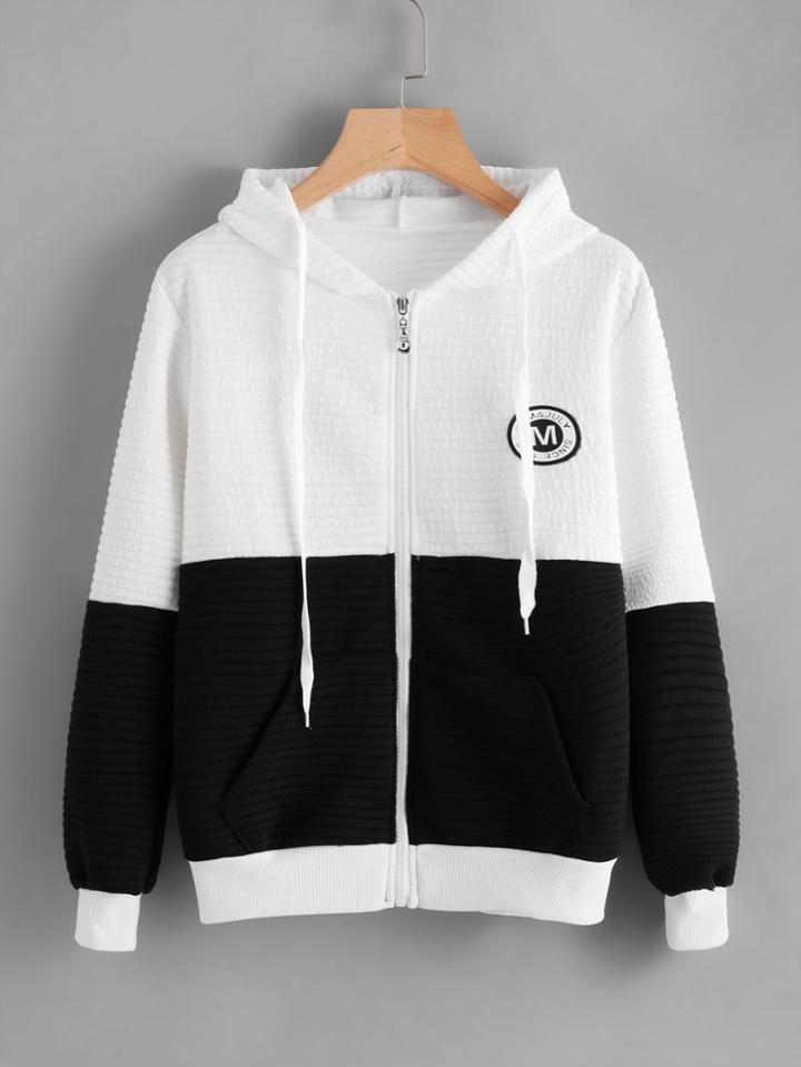 Romwe Patch Detail Color Block Zip Up Hooded Jacket
