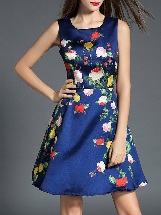 Romwe Blue Crew Neck Floral A-line Dress