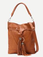 Romwe Brown Faux Leather Tassel Trim Drawstring Bucket Bag