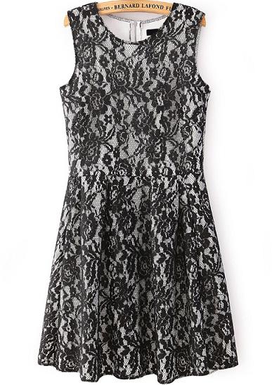 Romwe Sleeveless Pleated Lace Grey Dress