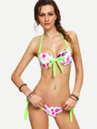 Romwe Flower Print Side Tie Bikini Set