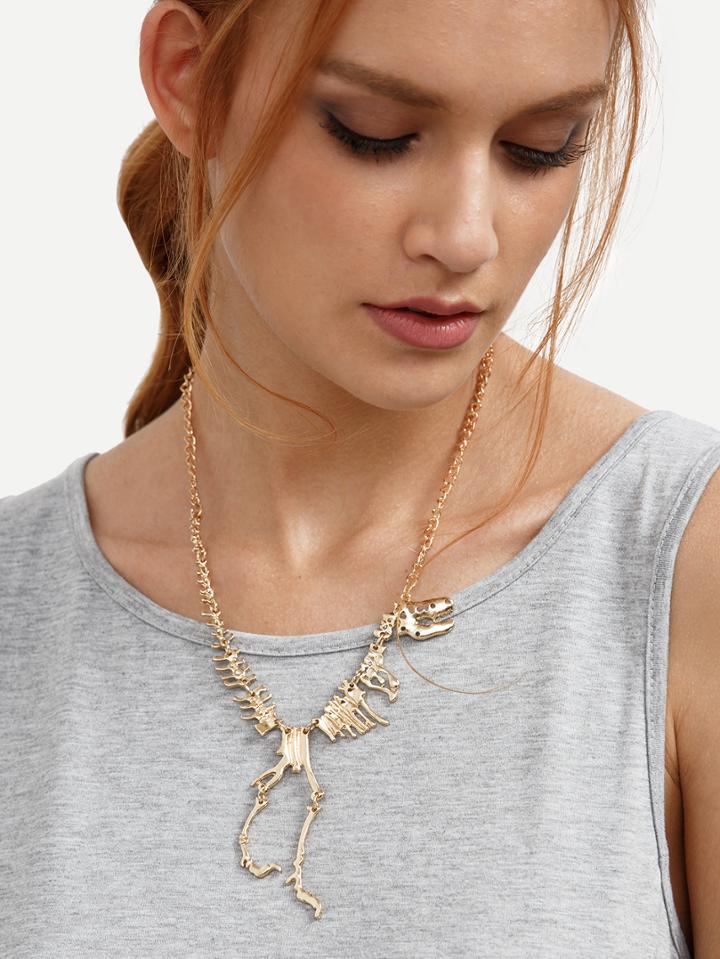 Romwe Golden Dinosaur Skeleton Pendant Necklace