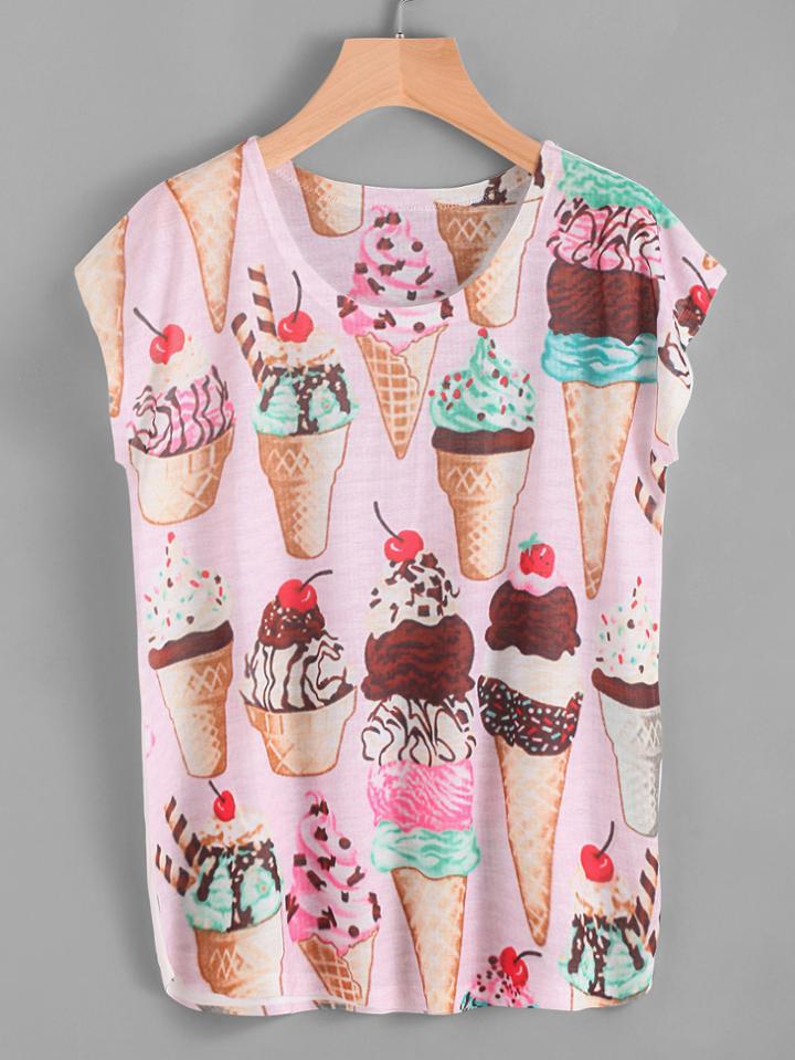 Romwe Cap Sleeve Cake Print Tee