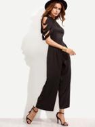 Romwe Black Asymmetric One Shoulder Pleated Jumpsuit