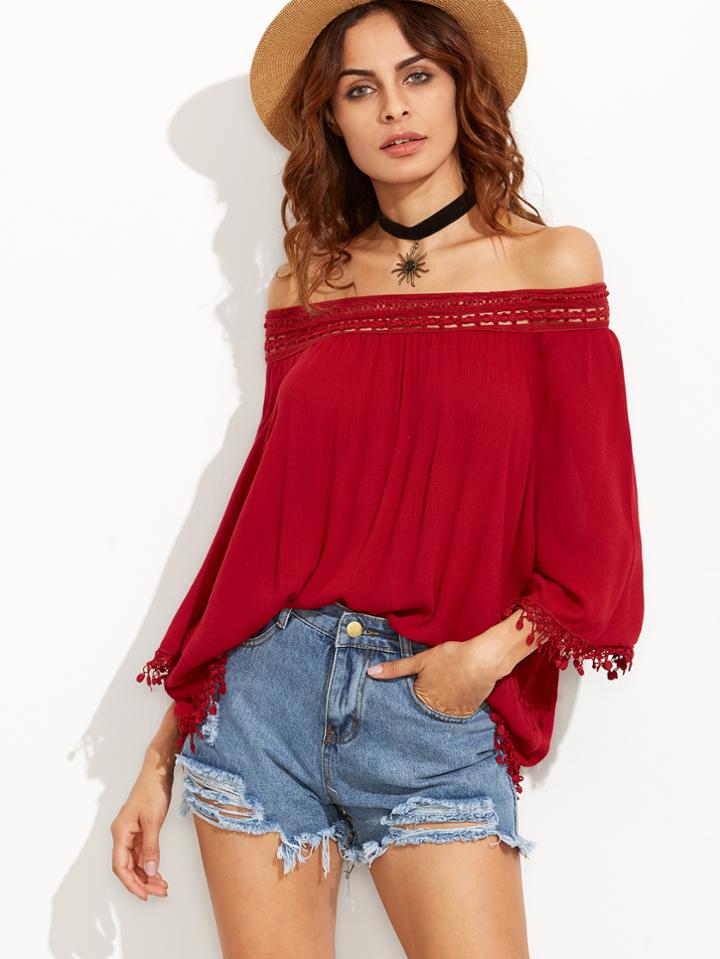 Romwe Red Off The Shoulder Crochet Lace Trim Top