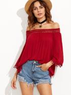 Romwe Red Off The Shoulder Crochet Lace Trim Top