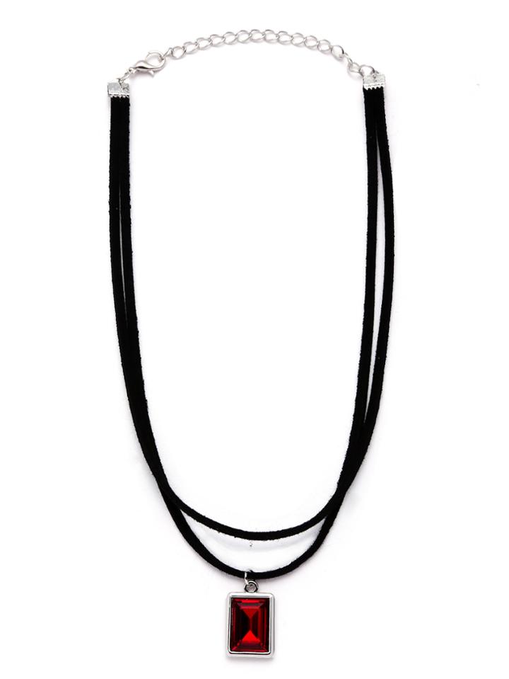 Romwe Red Faux Square Gem Pendant Layered Choker