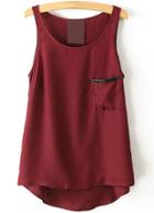 Romwe Red Round Neck Pocket Chiffon Vest