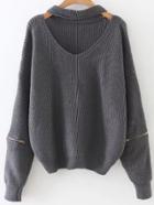 Romwe Grey Choker V Neck Zipper Sleeve Sweater