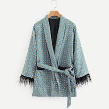 Romwe Geo Pattern Fringe Trim Wrap Blazer