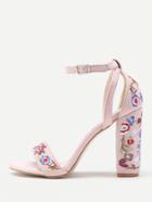 Romwe Calico Embroidery Ankle Strap Heeled Sandals
