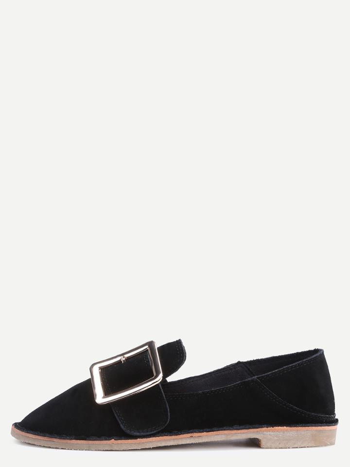 Romwe Black Leather Buckle Strap Flats
