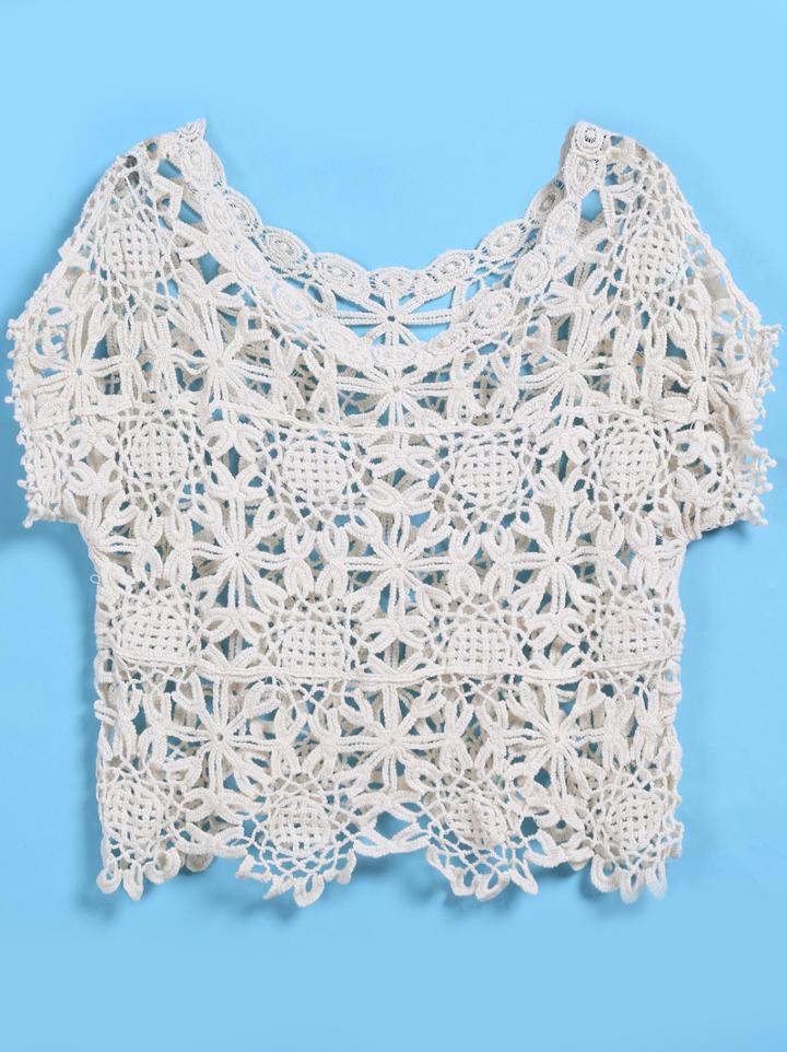 Romwe Short Sleeve Floral Crochet Hollow Crop Apricot Blouse