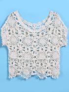 Romwe Short Sleeve Floral Crochet Hollow Crop Apricot Blouse