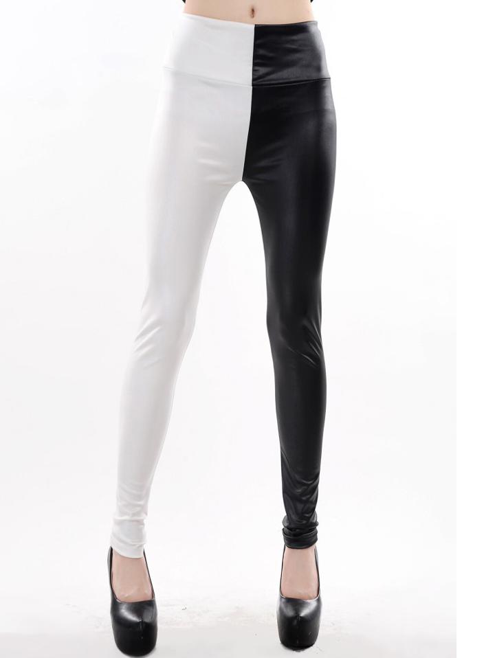 Romwe Black Contrast White Pu Leather Slim Leggings