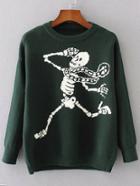 Romwe Green Skeleton Pattern Ribbed Trim Sweater