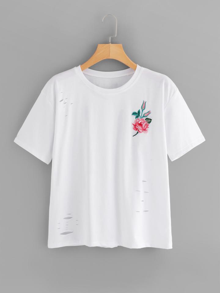 Romwe Floral Embroidered Ripped Tee