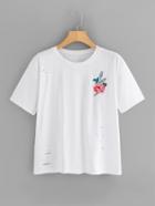 Romwe Floral Embroidered Ripped Tee