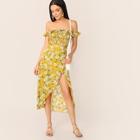 Romwe Ruffle Smocked Top & Daisy Print Wrap Skirt Set