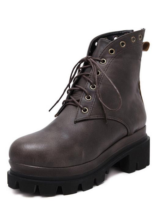 Romwe Bronze-coloured Round Toe Vintage Lace Up Boots