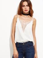 Romwe White Floral Lace Trim Plunge Cami Top