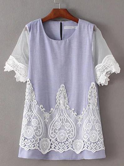 Romwe Lavender Pearl Embellished Key-hole Blouse