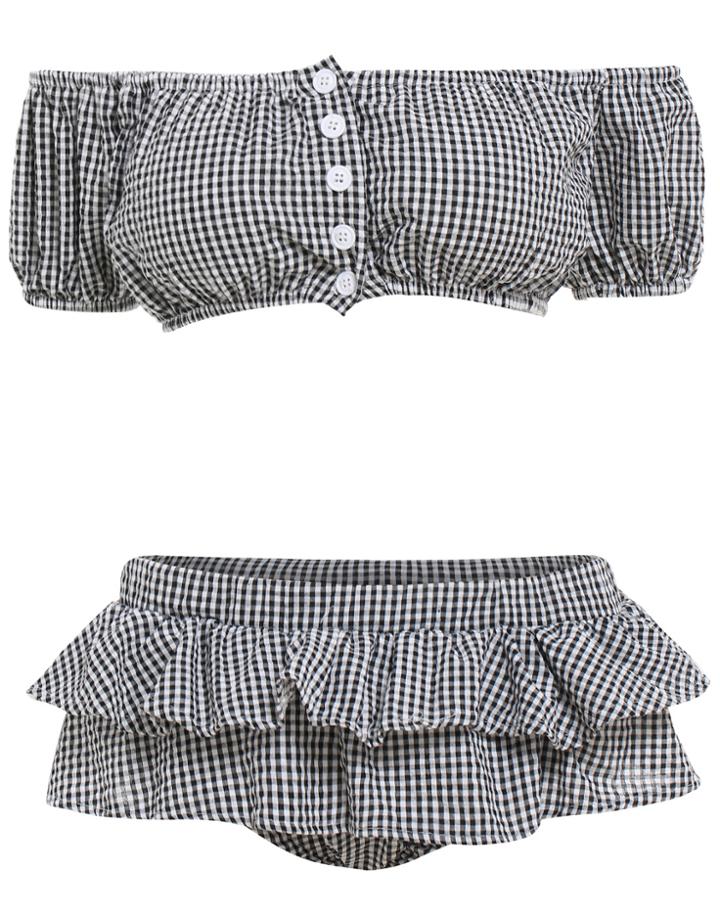 Romwe With Buttons Plaid Ruffle Black Bikini Set