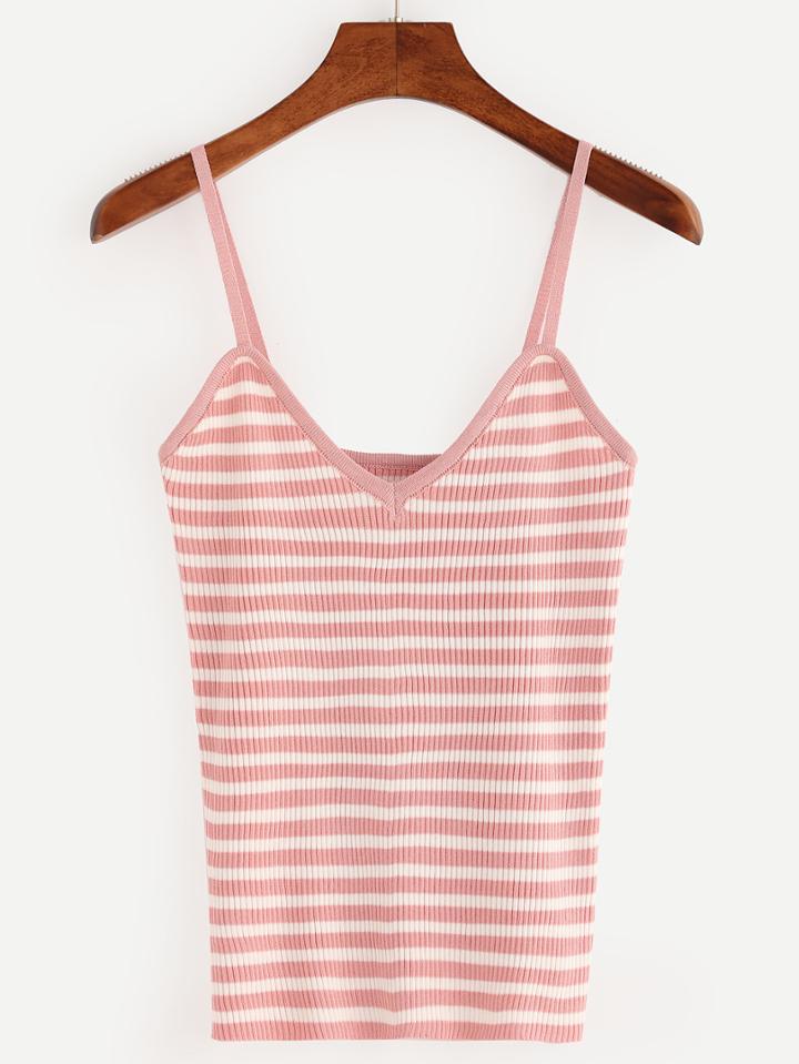 Romwe Pink Striped Ribbed Knit Cami Top