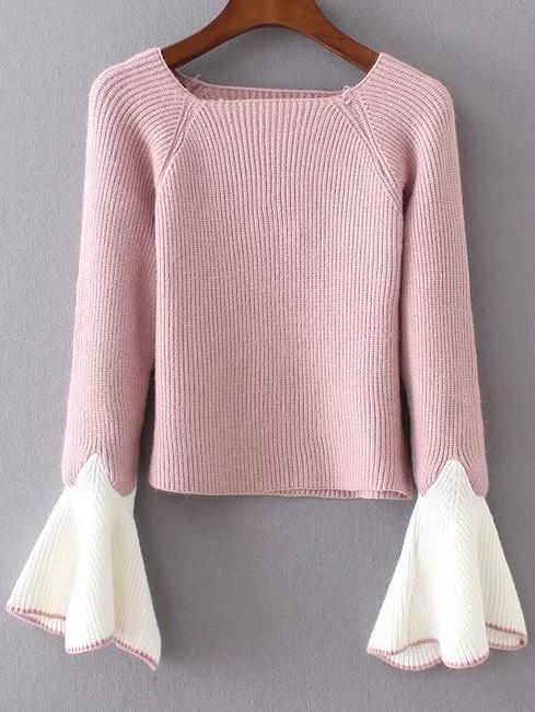 Romwe Pink Contrast Bell Sleeve Knitwear