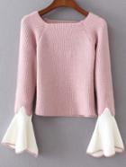 Romwe Pink Contrast Bell Sleeve Knitwear