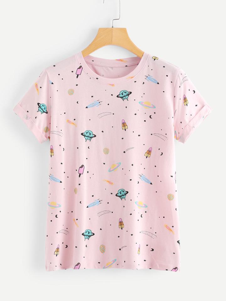Romwe Planet Print Cuffed Tee
