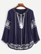 Romwe Navy Tasseled Tie Neck Embroidered Blouse