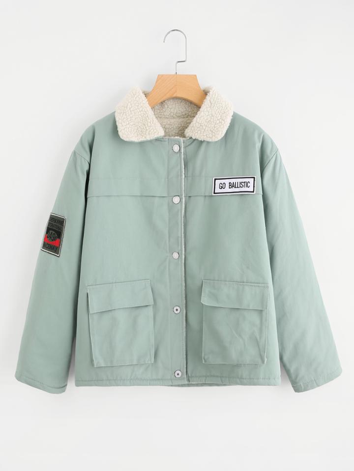 Romwe Dual Pocket Patch Detail Sherpa Jacket