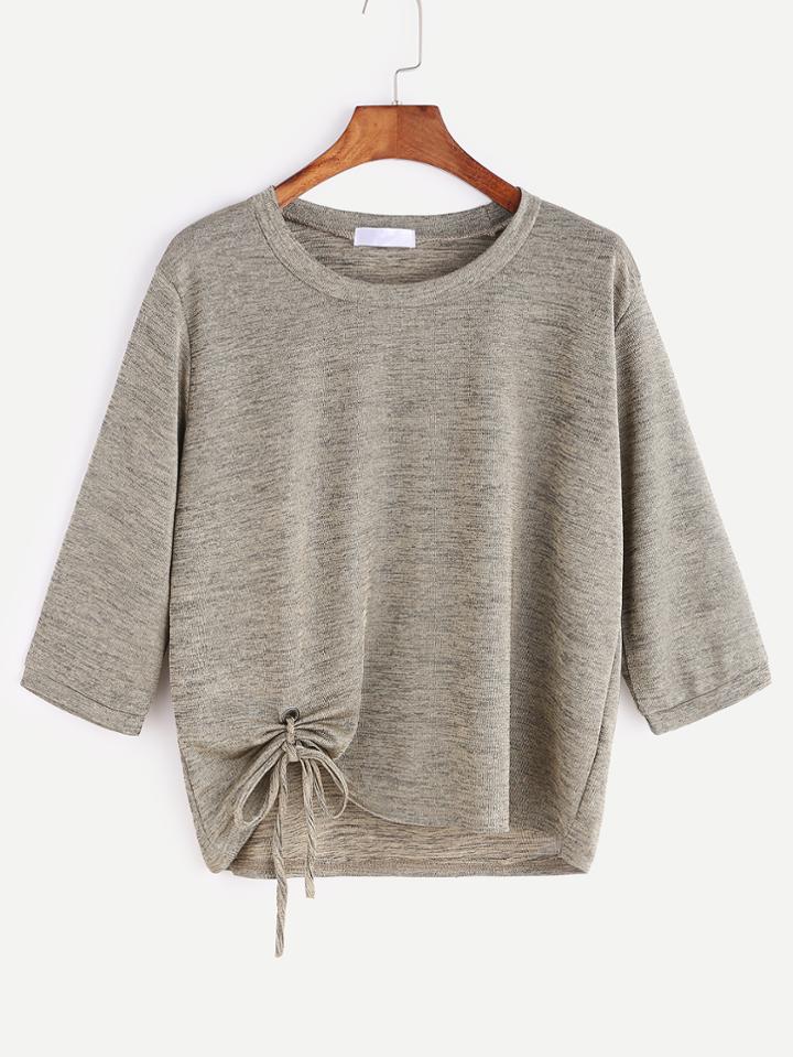 Romwe Khaki Eyelet Tie Hem T-shirt